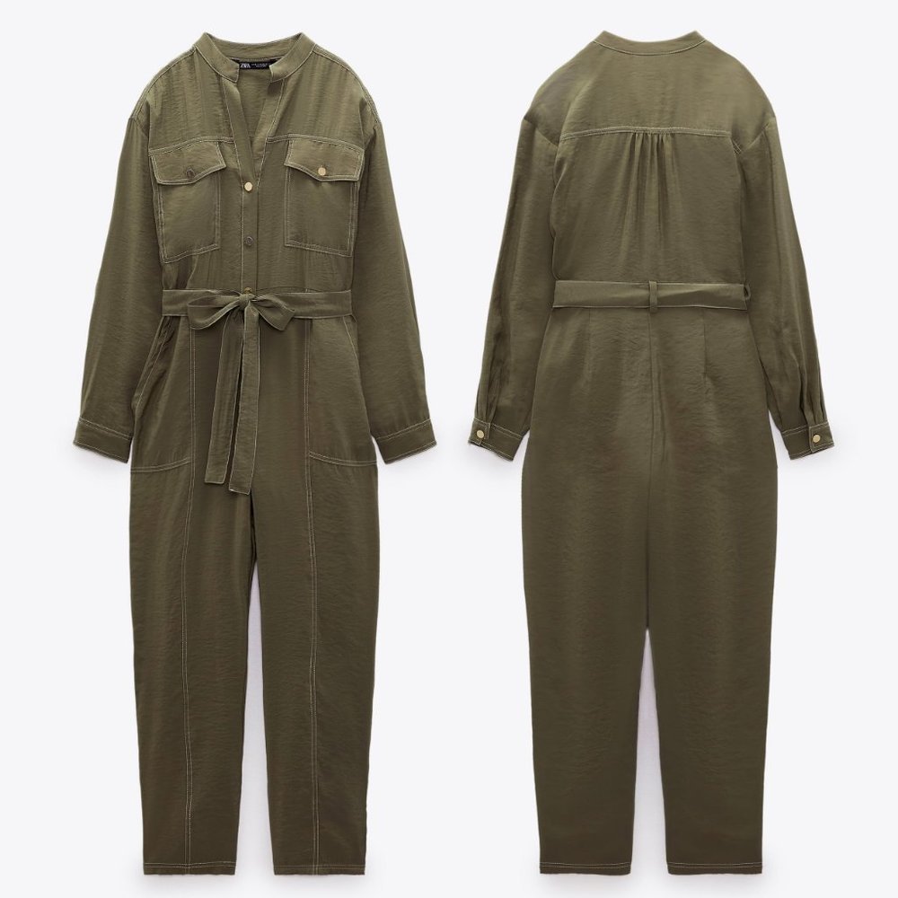 NEW Zara Olive Green Modal Long Sleeves Contrasting Topstitch Belted Jumpsuit S - Picture 6 of 9